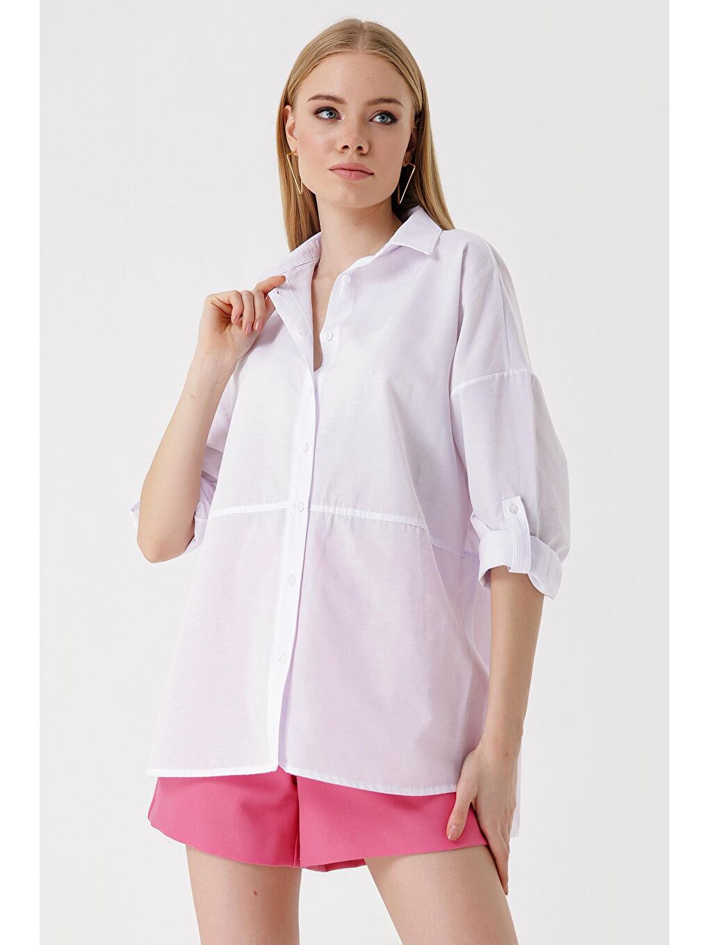 3975 Yırtmaçlı Poplin Gömlek - Beyaz-3