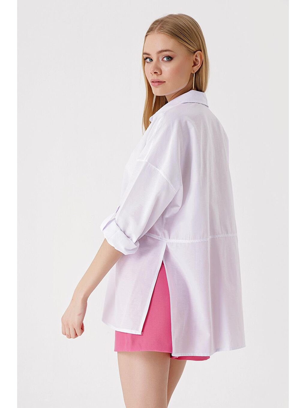 3975 Yırtmaçlı Poplin Gömlek - Beyaz-4