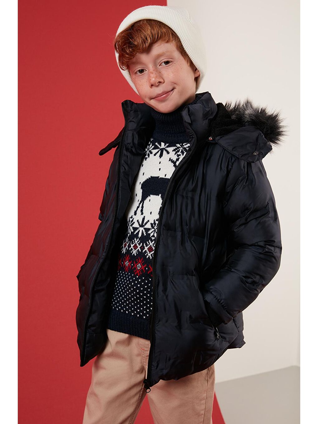 Lacivert Yakası Suni Kürklü Çıkarılabilir Kapüşonlu Peluş Astarlı Mont 5760055