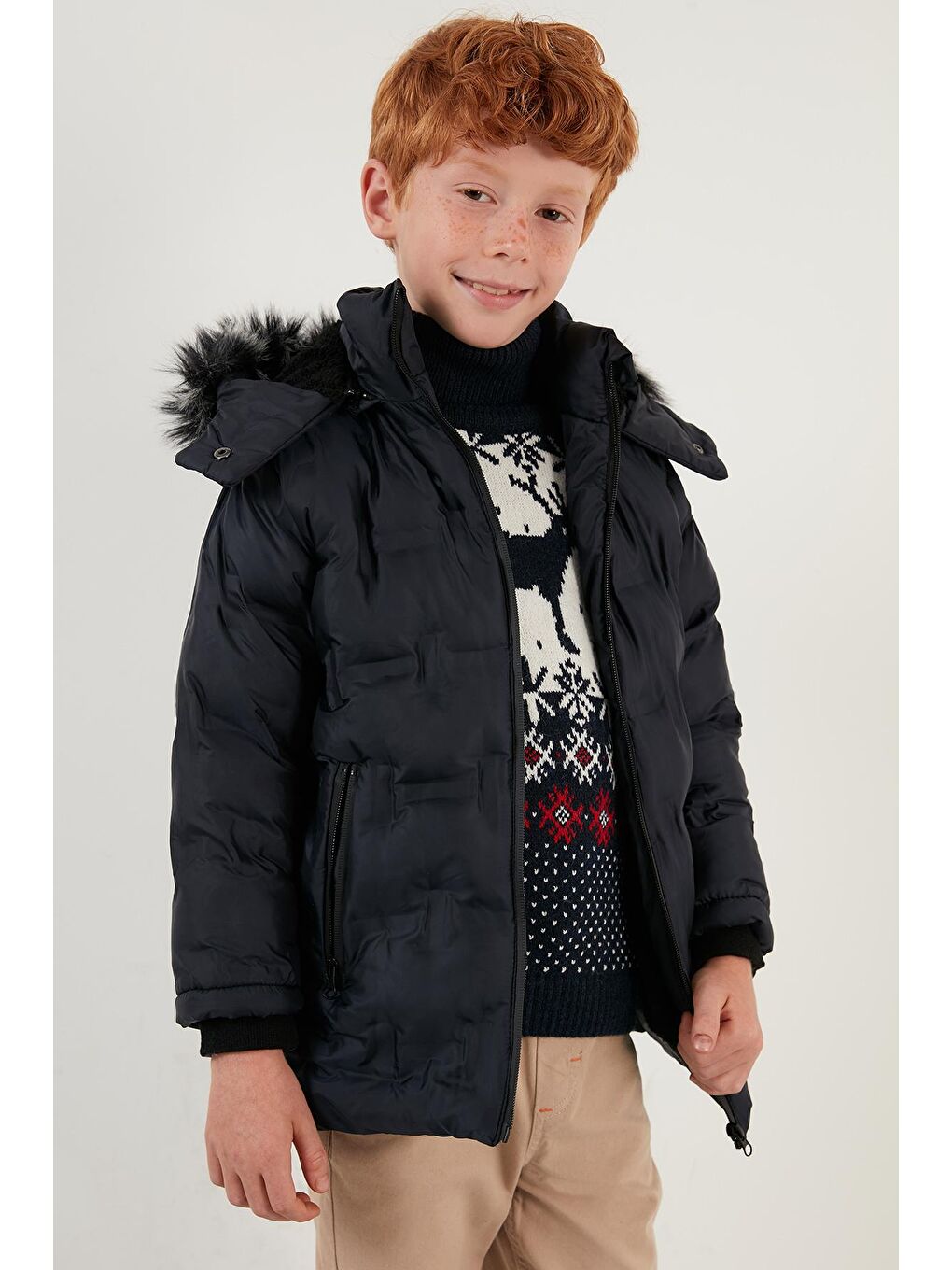 Lacivert Yakası Suni Kürklü Çıkarılabilir Kapüşonlu Peluş Astarlı Mont 5760055-1