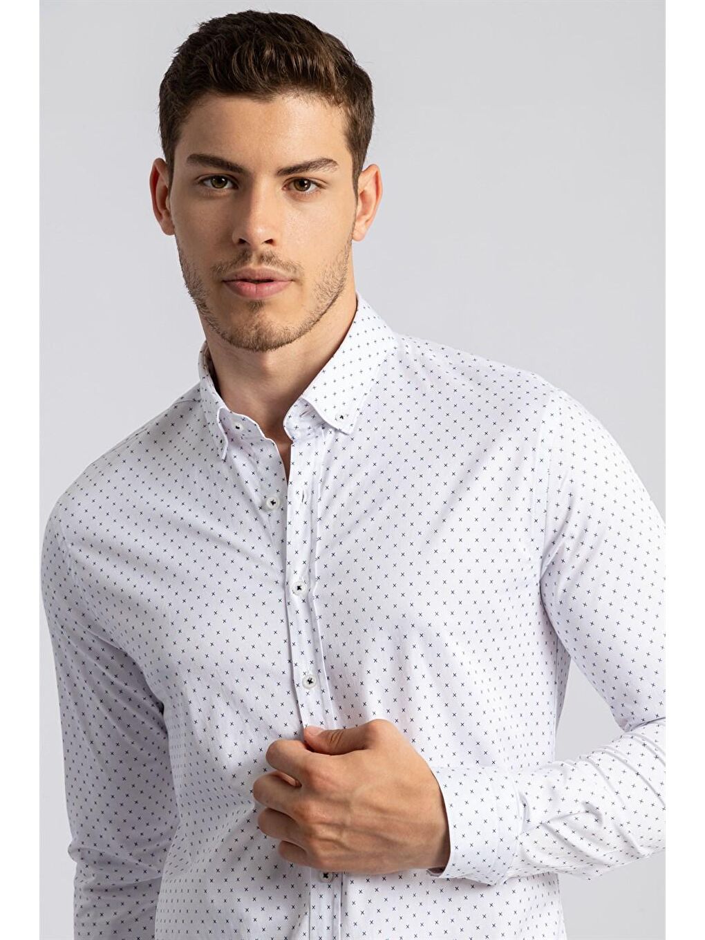 Slim Fit Elastanlı Desenli Erkek Beyaz Gömlek