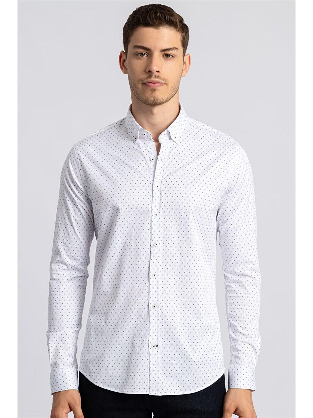 Slim Fit Elastanlı Desenli Erkek Beyaz Gömlek-1