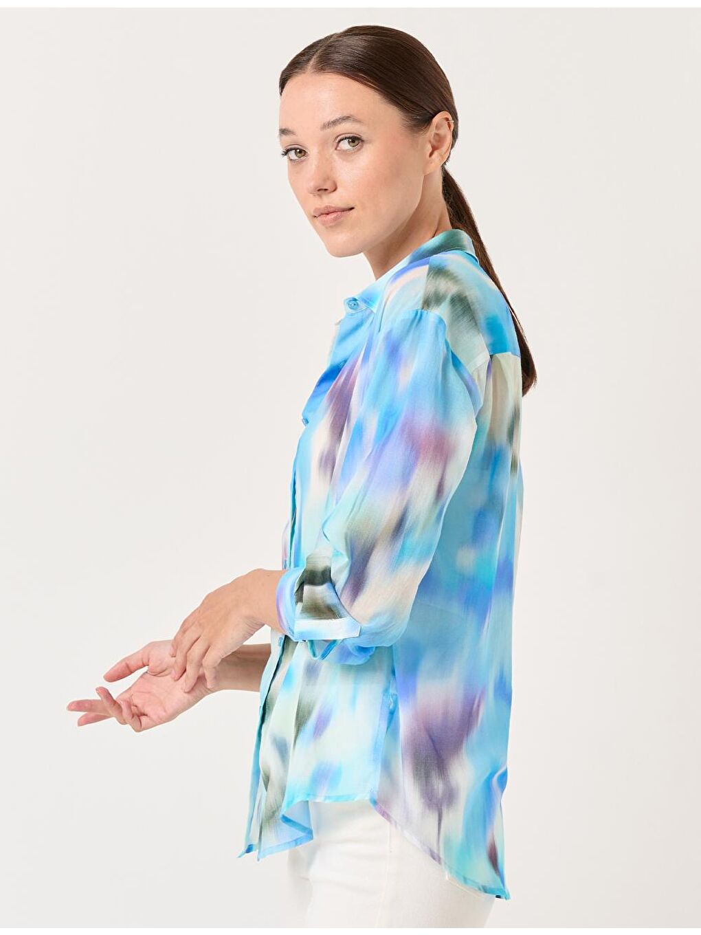 Mavi Uzun Kollu Desenli Pamuklu Gömlek-1