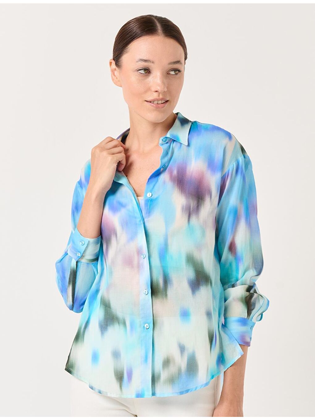 Mavi Uzun Kollu Desenli Pamuklu Gömlek-2