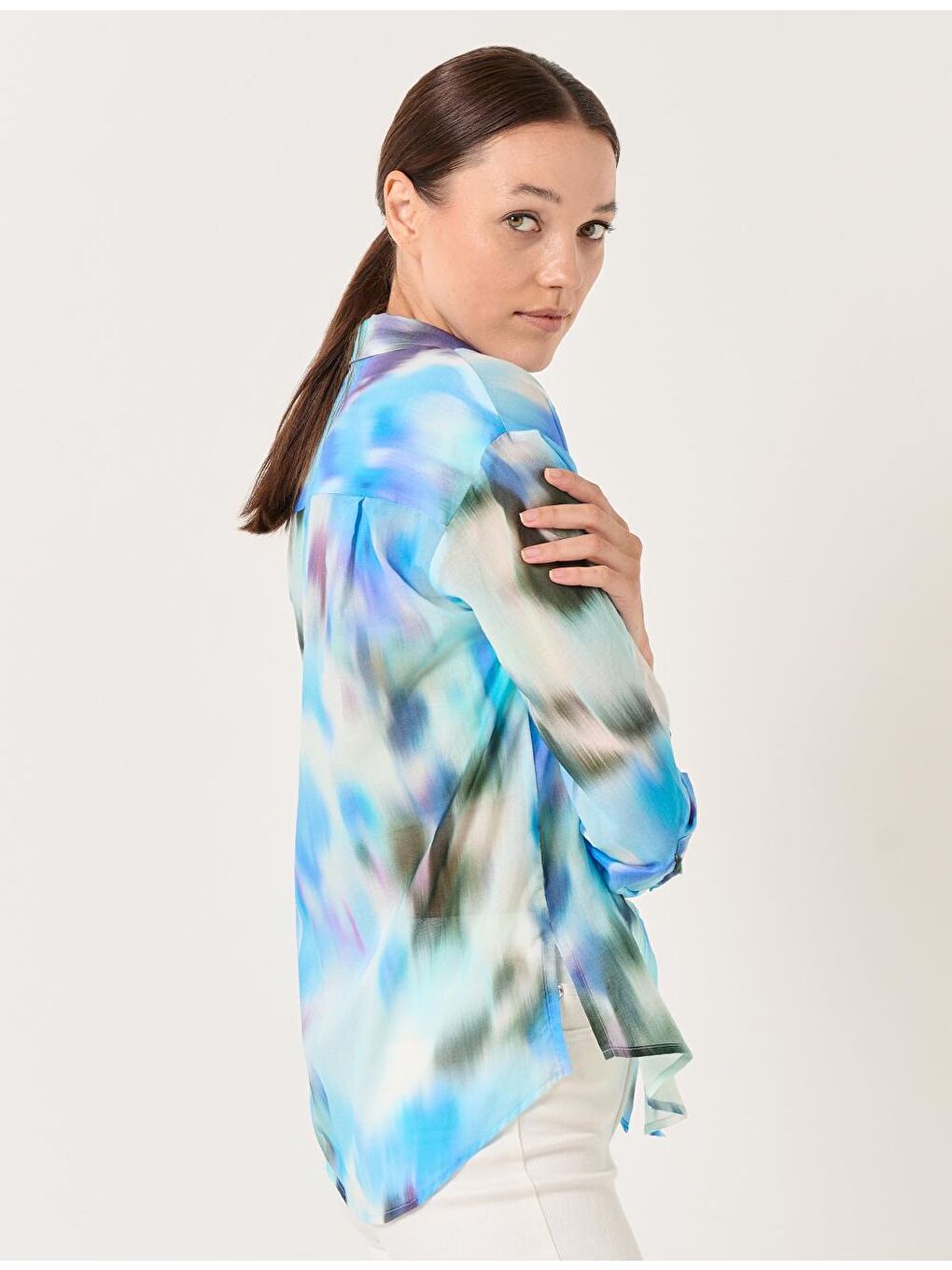 Mavi Uzun Kollu Desenli Pamuklu Gömlek-3