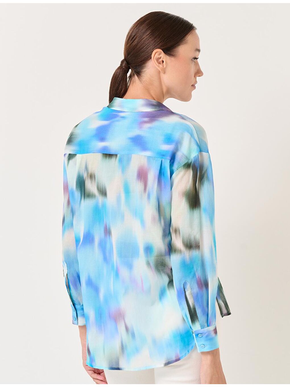 Mavi Uzun Kollu Desenli Pamuklu Gömlek-4