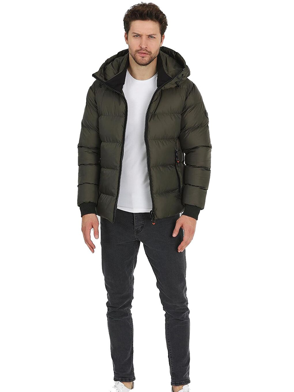 Haki Kapüşonu Çıkmaz Erkek Mont