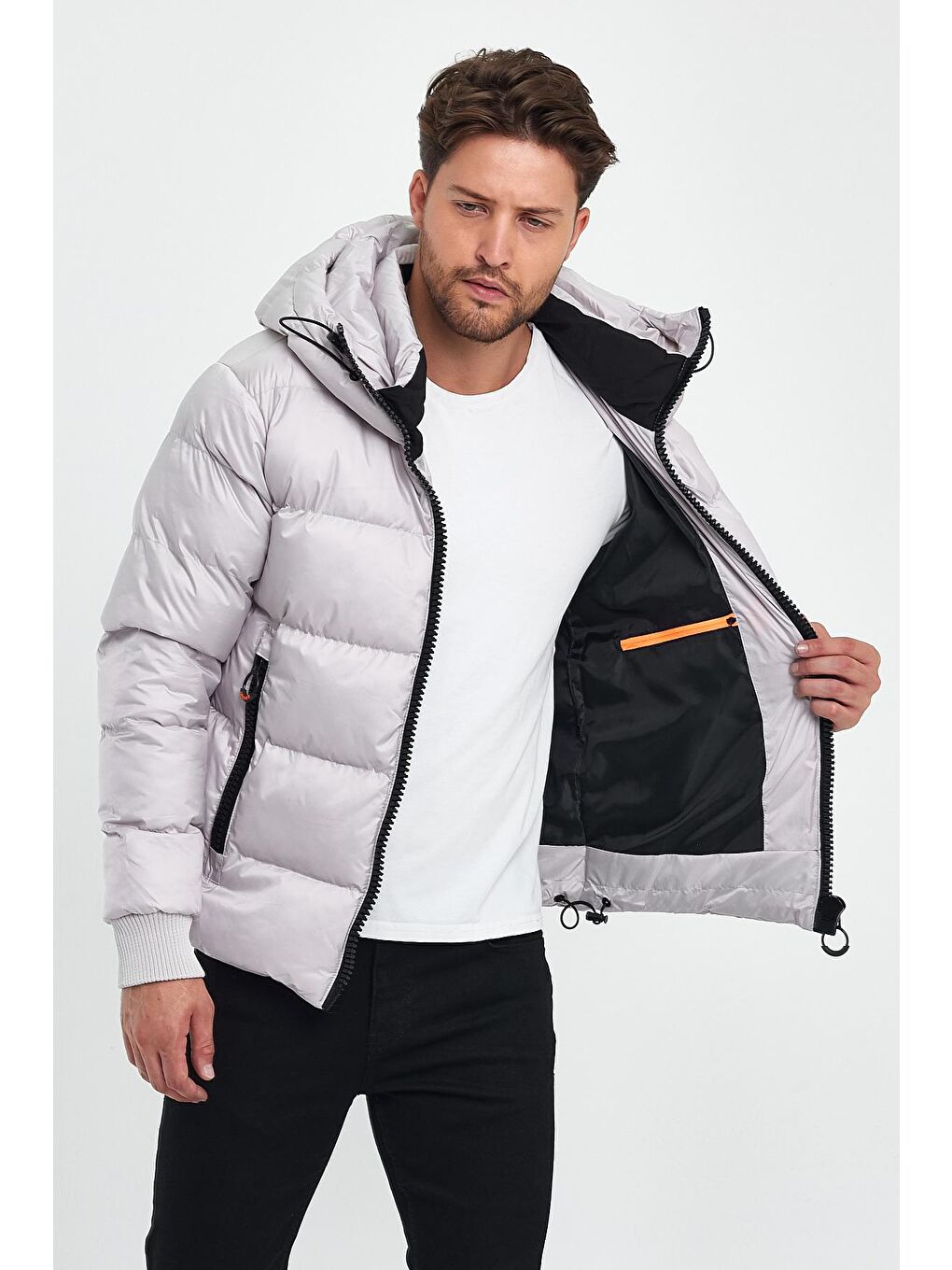 Bej Erkek Kapüşonu Çıkmaz Şişme Mont-2