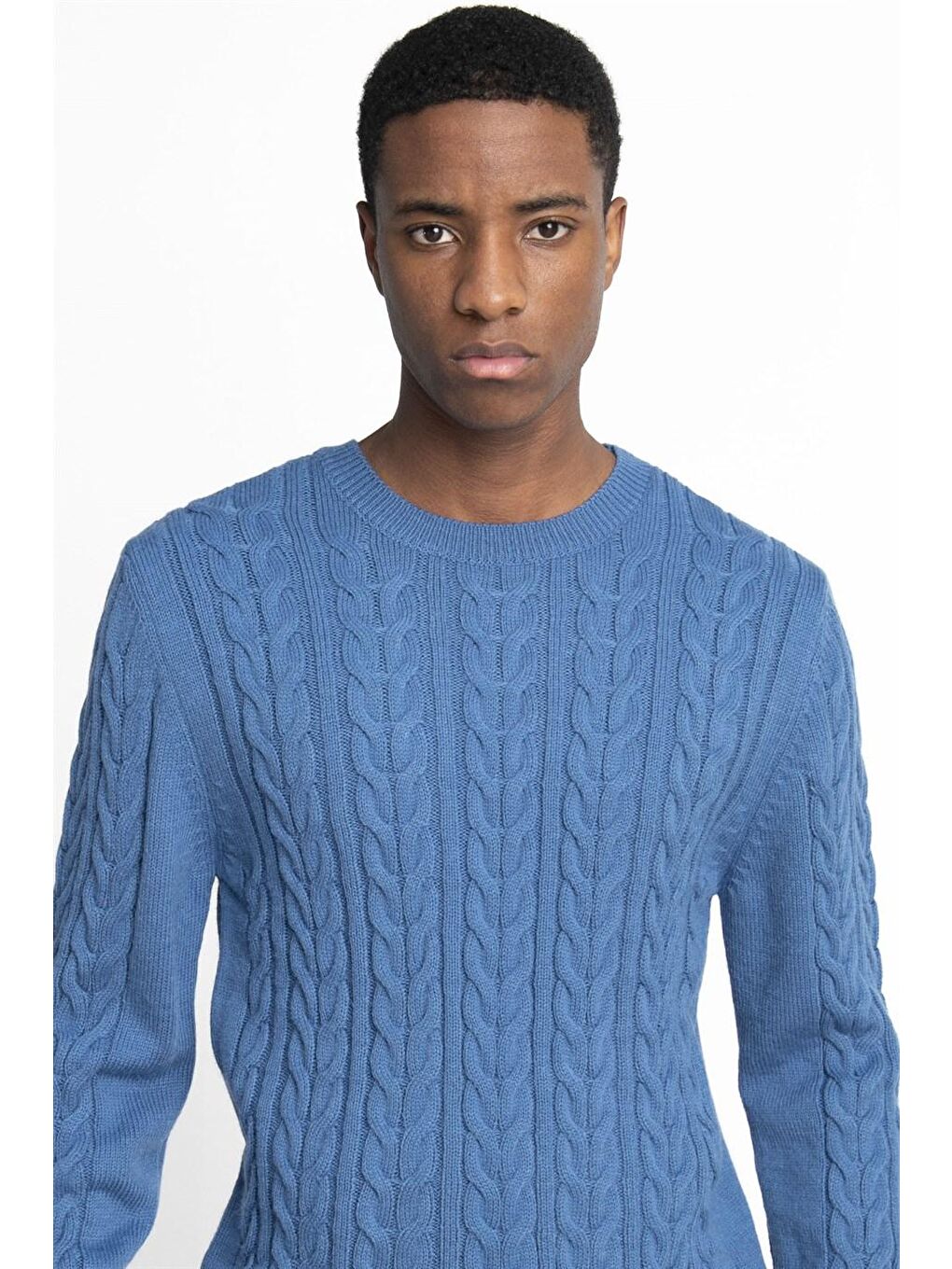 Slim Fit Bisiklet Yaka Desenli Mavi Erkek Kazak