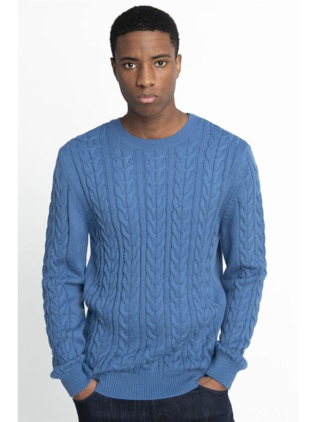 Slim Fit Bisiklet Yaka Desenli Mavi Erkek Kazak-1