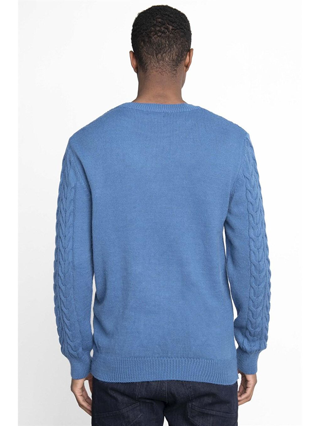 Slim Fit Bisiklet Yaka Desenli Mavi Erkek Kazak-3