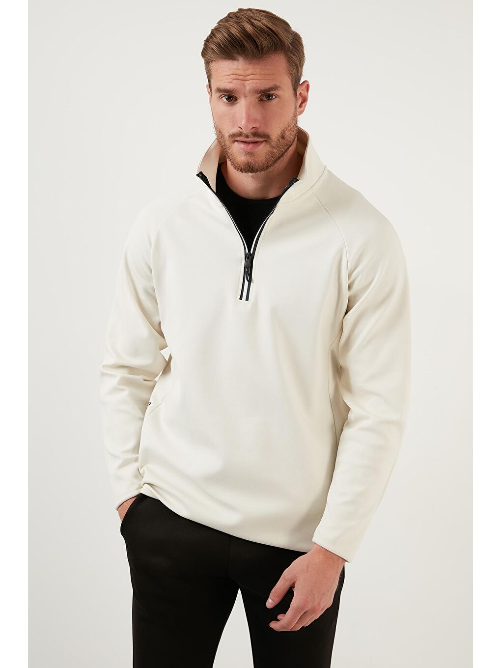 Buratti Ekru Pamuklu Regular Fit Yarım Fermuarlı Balıkçı Yaka Erkek Sweatshirt 5905260 - 3