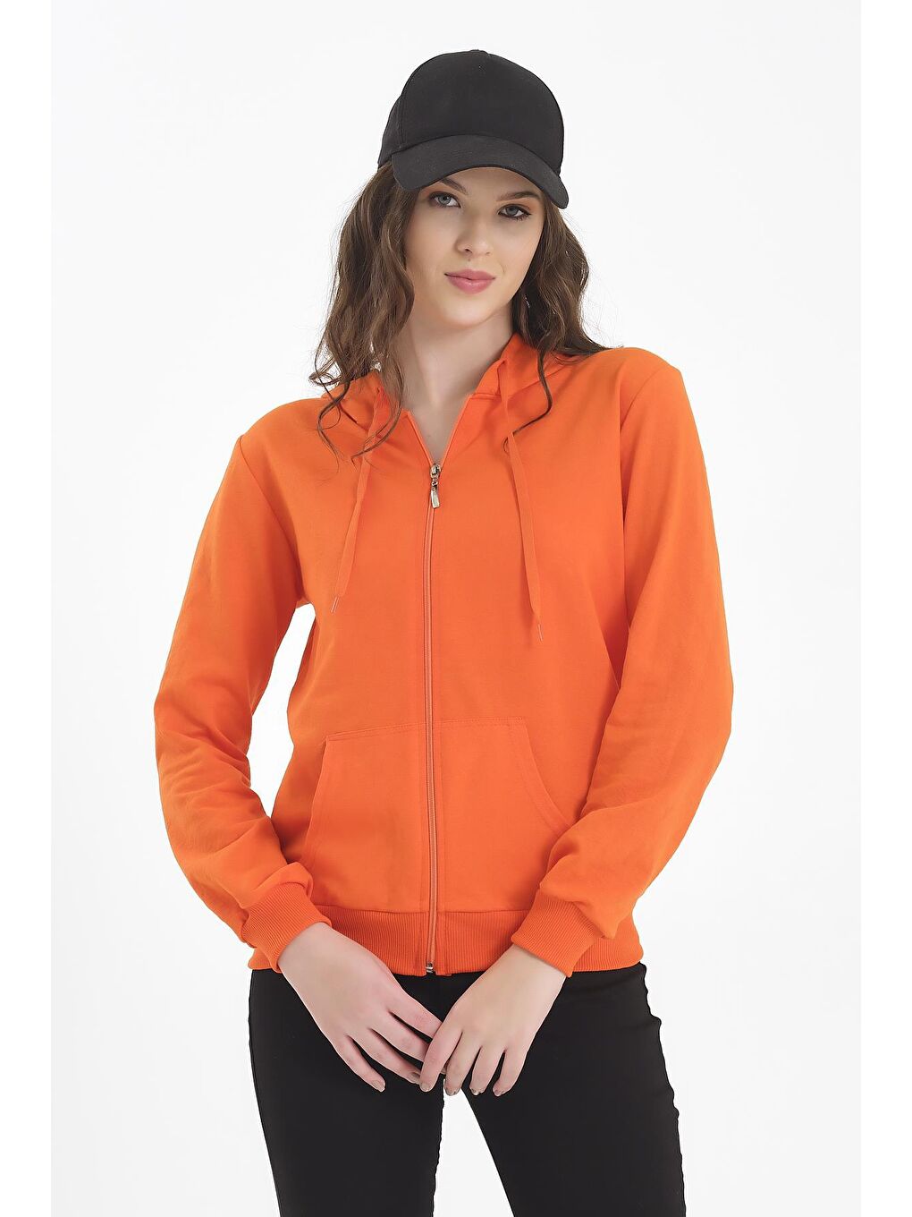 Turuncu Kapüşonlu Fermuarlı Sweatshirt-1