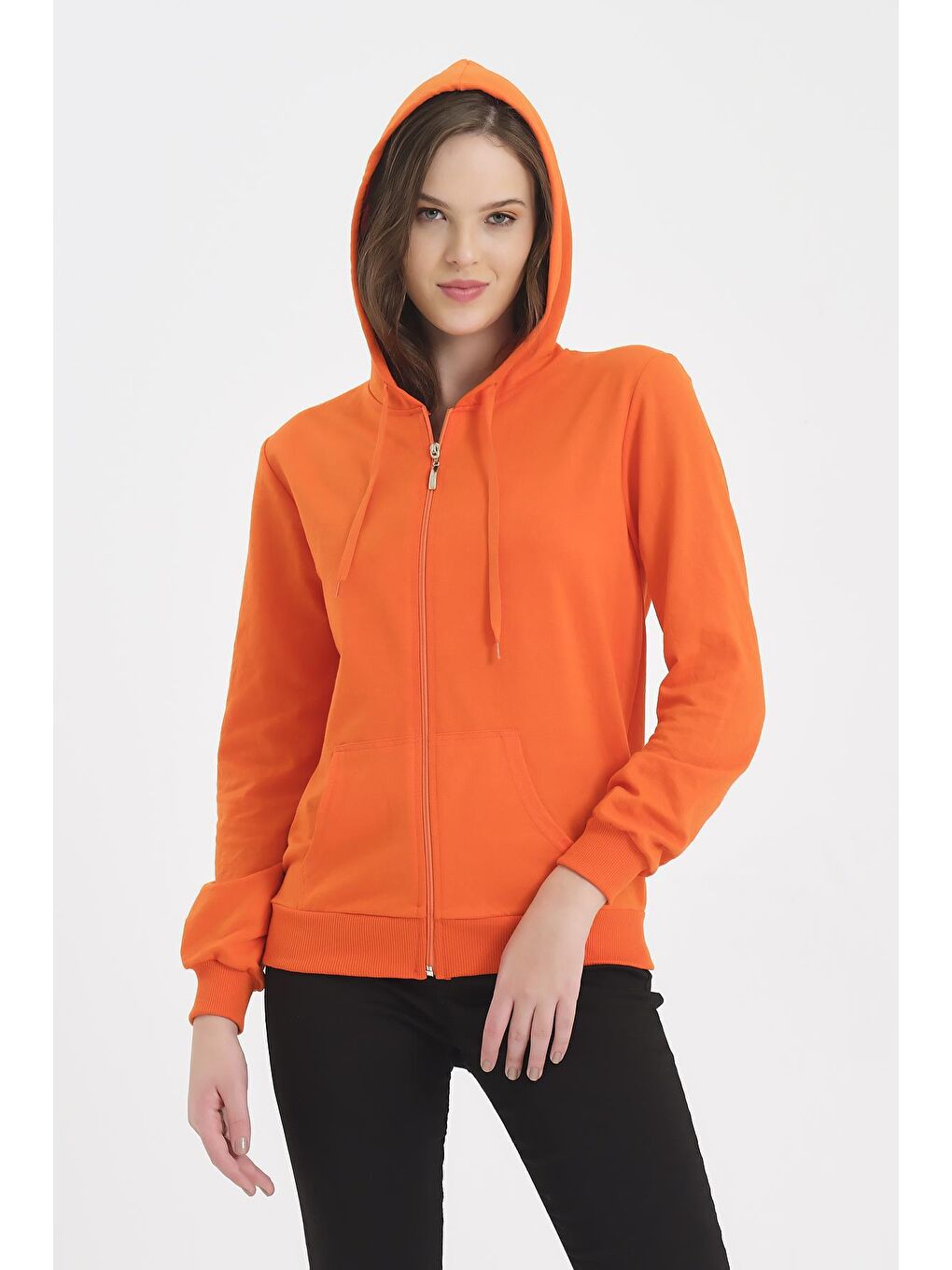 Turuncu Kapüşonlu Fermuarlı Sweatshirt-2