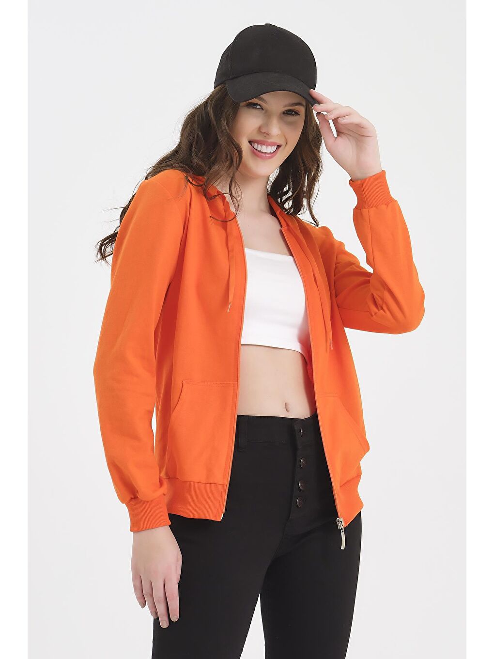 Turuncu Kapüşonlu Fermuarlı Sweatshirt-3