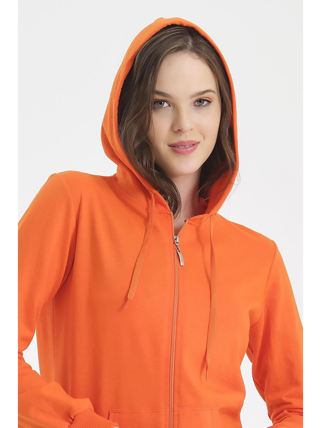 Turuncu Kapüşonlu Fermuarlı Sweatshirt-4