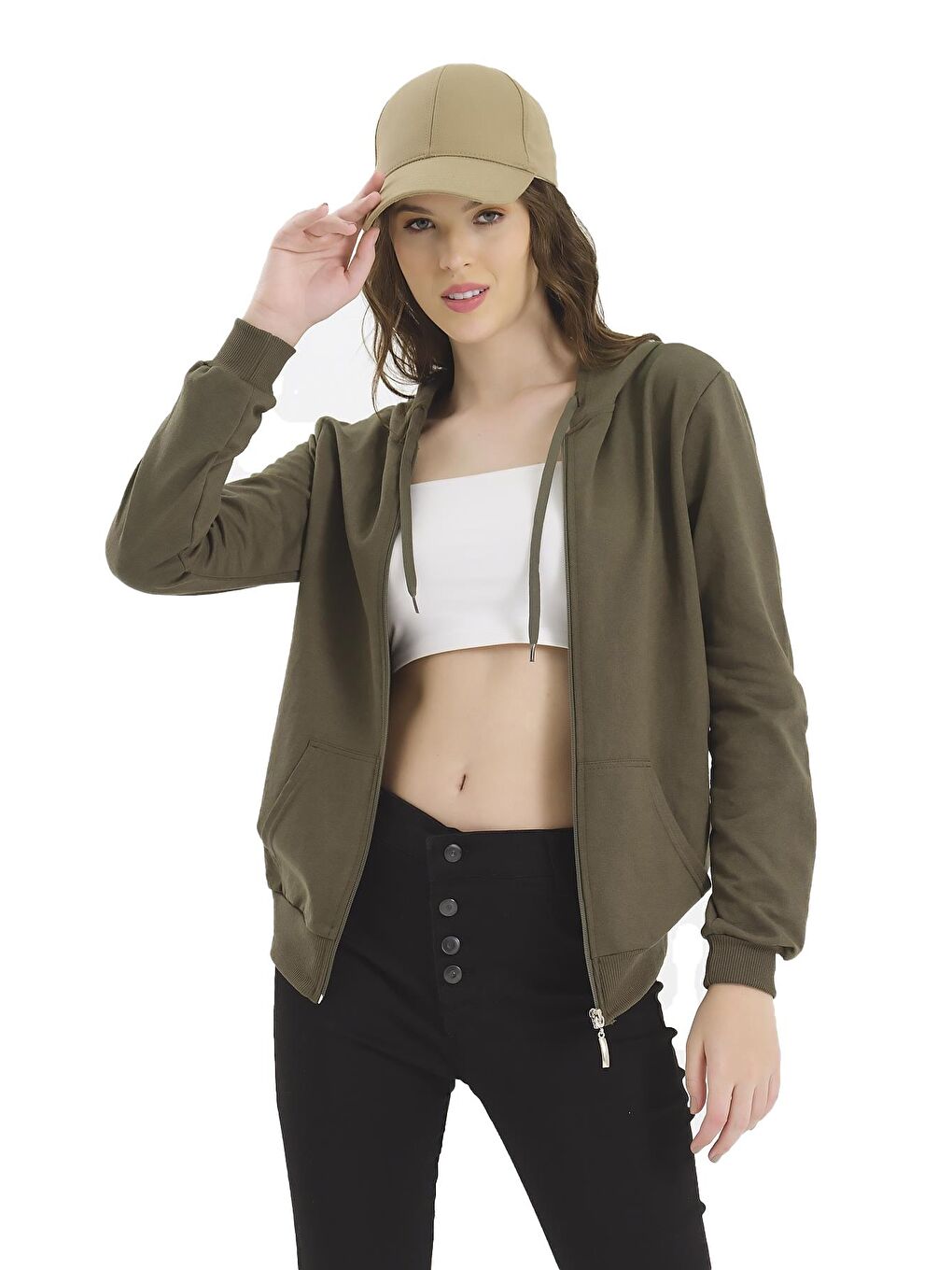 Haki Kapüşonlu Erkek Fermuarlı Sweatshirt Hırka