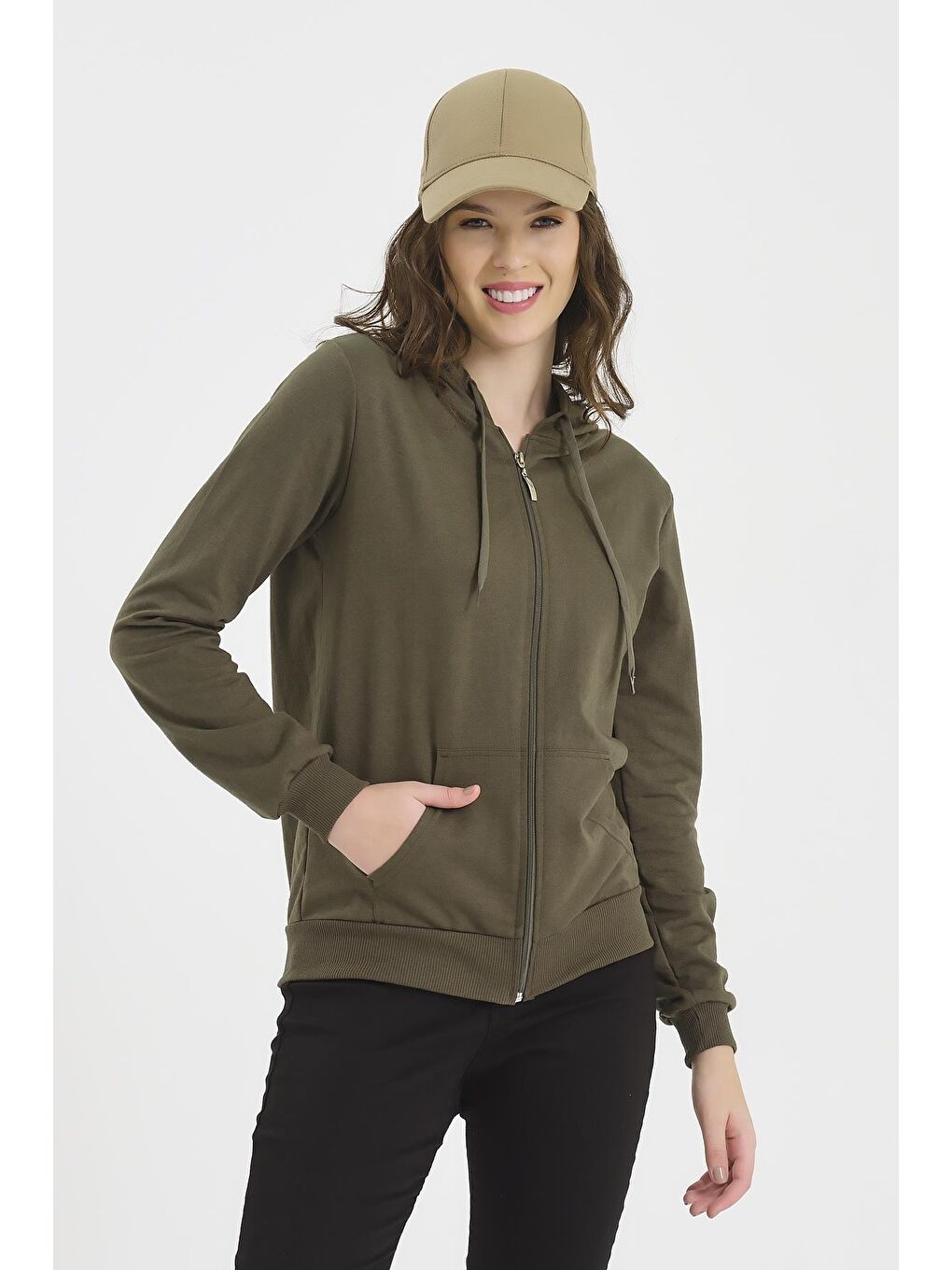 Haki Kapüşonlu Erkek Fermuarlı Sweatshirt Hırka-1