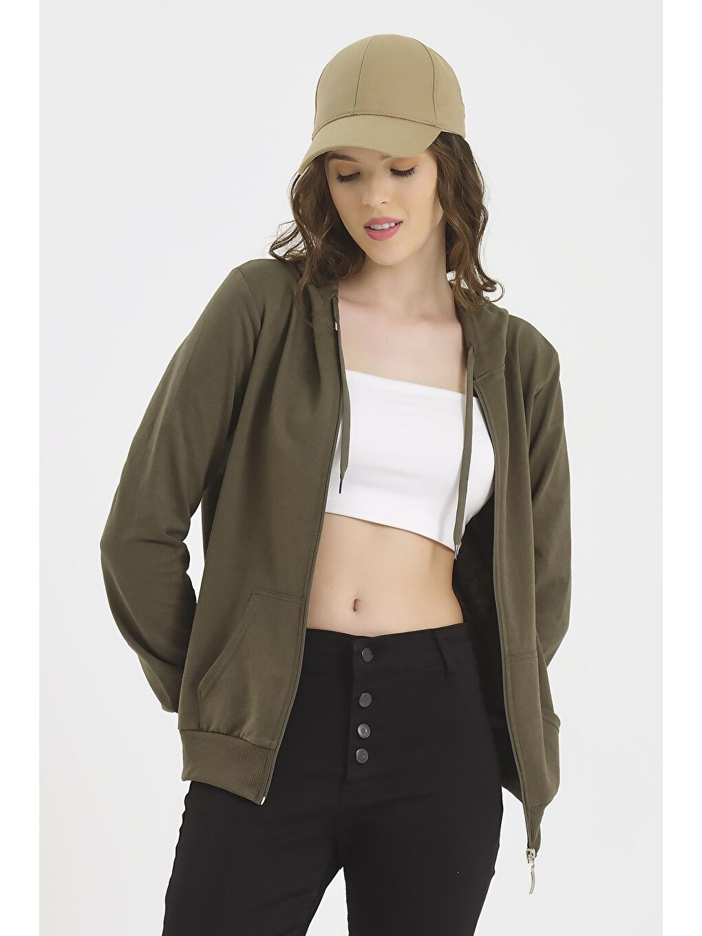 Haki Kapüşonlu Erkek Fermuarlı Sweatshirt Hırka-2