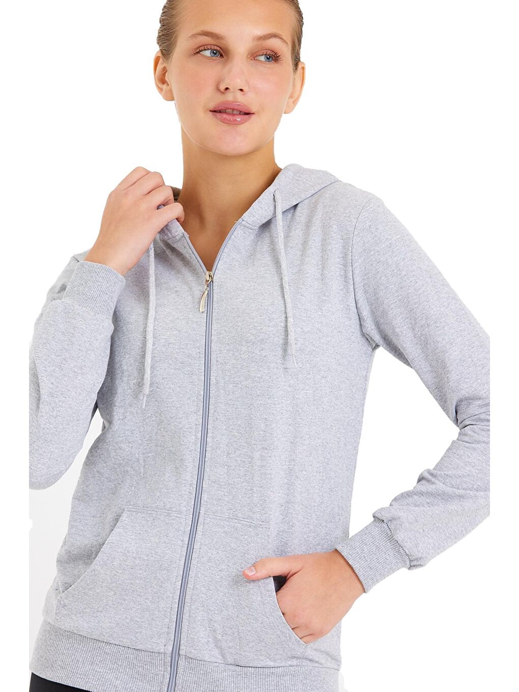 Gri Kapüşonlu Erkek Fermuarlı Sweatshirt Hırka