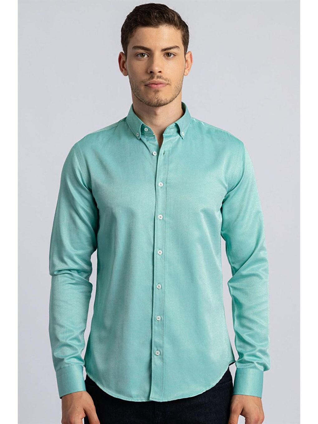 Slim Fit Pamuklu Kolay Ütü Düz Erkek Yeşil Gömlek-1