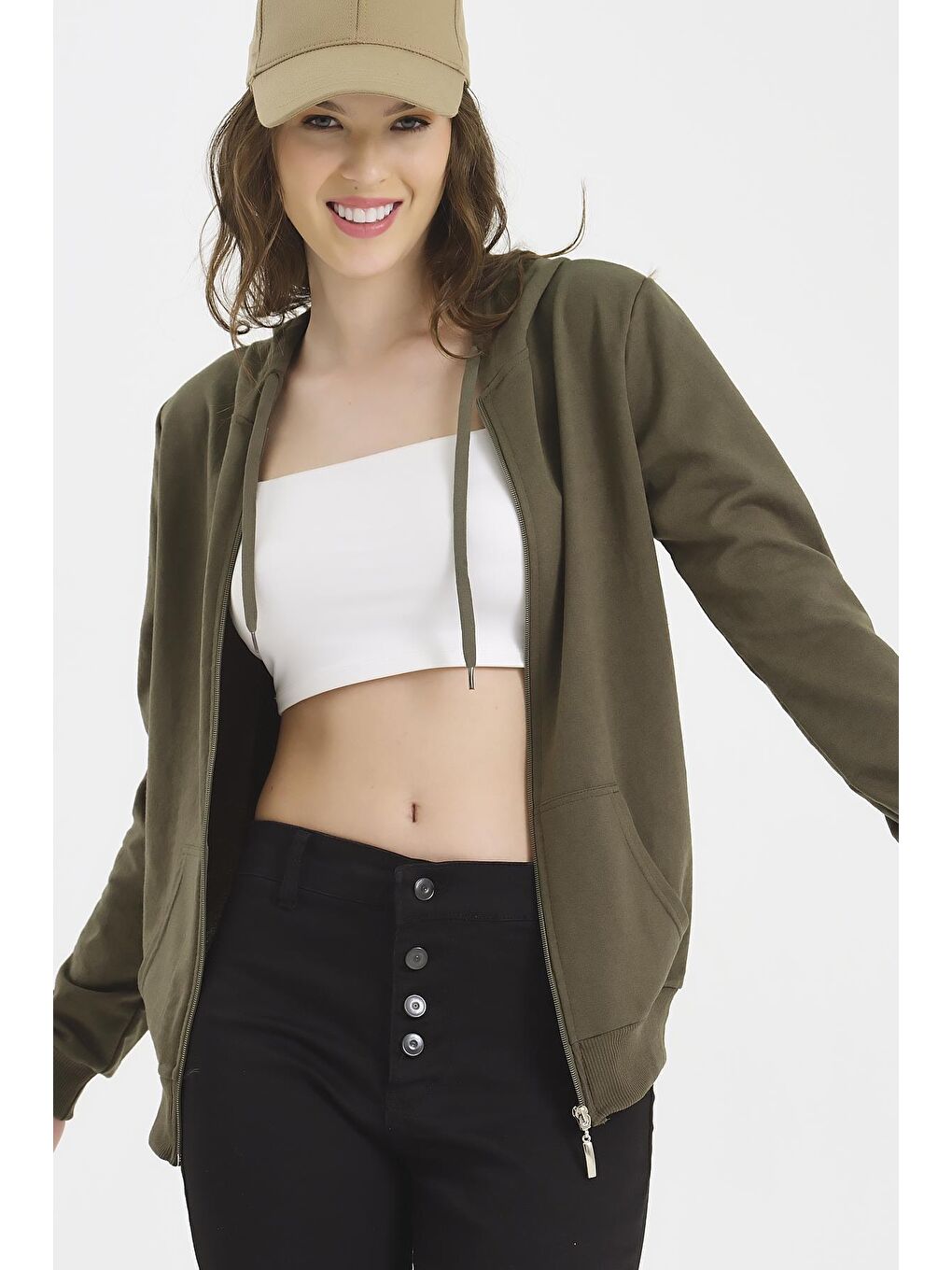 Haki Kapüşonlu Erkek Fermuarlı Sweatshirt Hırka-4