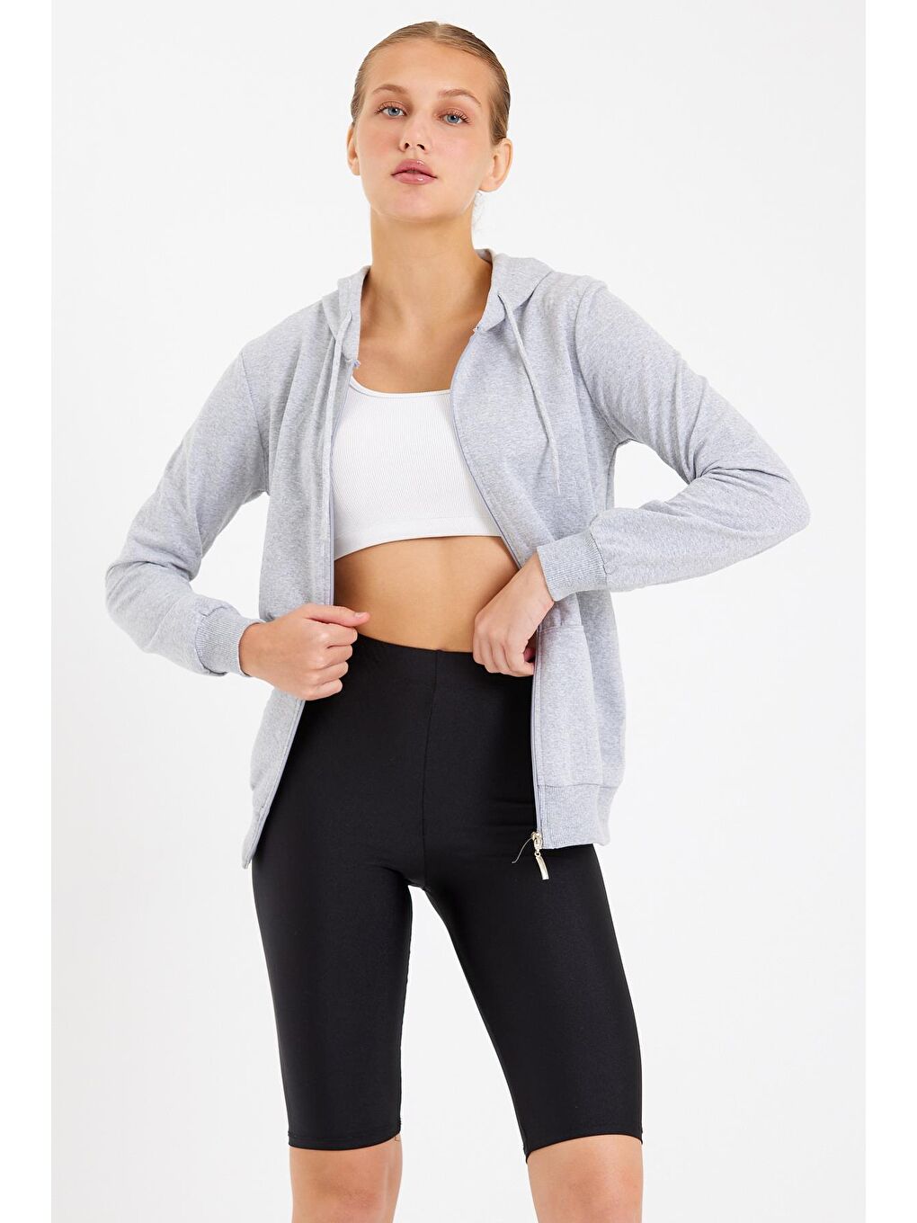 Gri Kapüşonlu Erkek Fermuarlı Sweatshirt Hırka-1