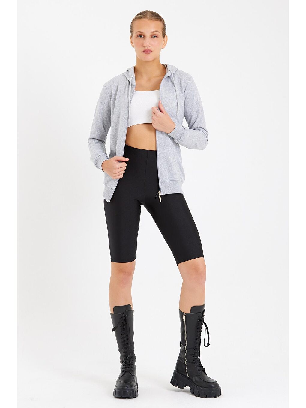 Gri Kapüşonlu Erkek Fermuarlı Sweatshirt Hırka-2