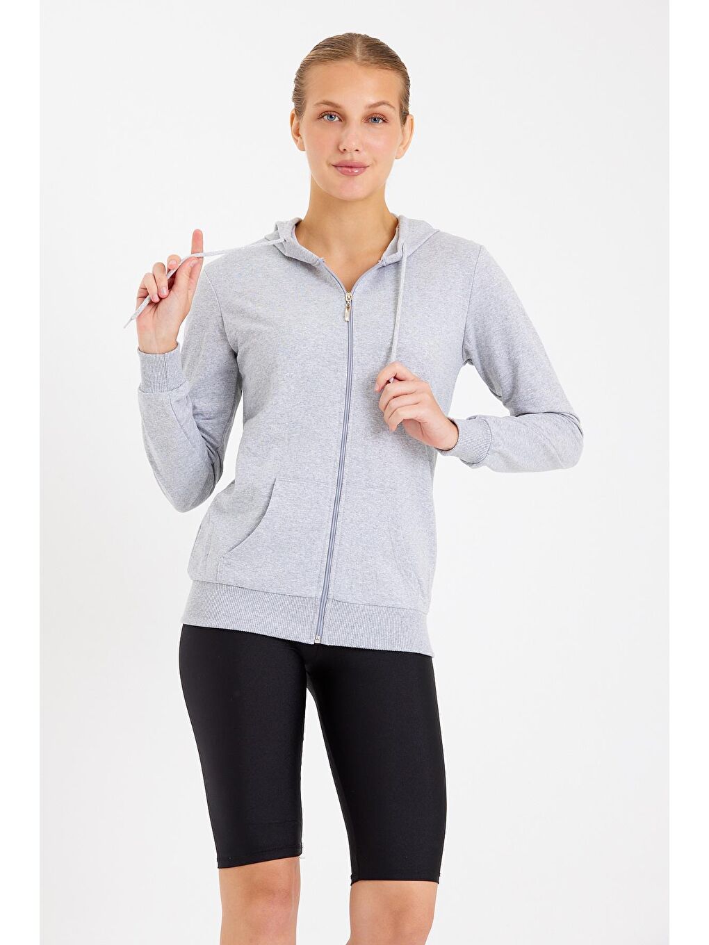 Gri Kapüşonlu Erkek Fermuarlı Sweatshirt Hırka-3