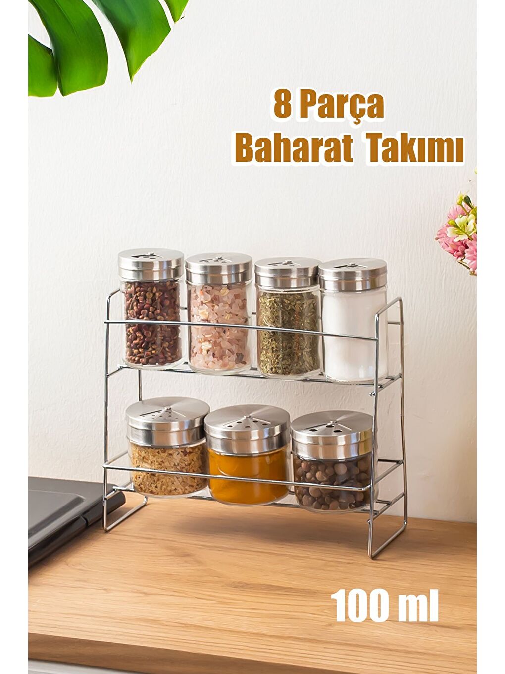 Porsima Gri 13810 Silva Metal Standlı Baharatlık 8 Parça Cam Baharat Takımı 2 Katlı