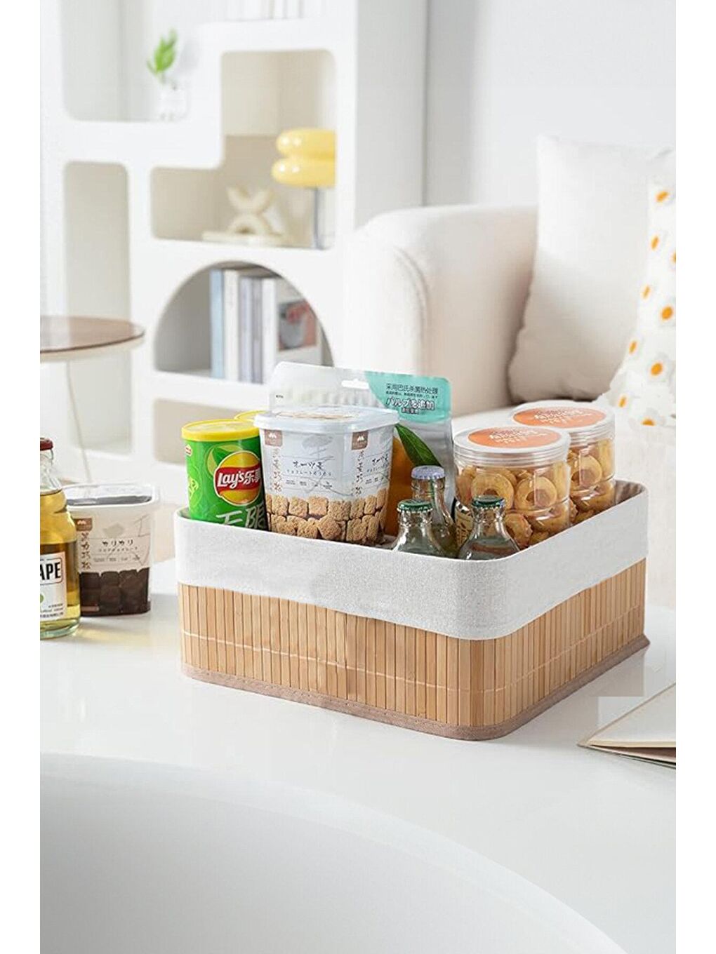 Bej Dekoratif Bambu Katlanabilir Sepet Organizer - Dolap Raf Düzenleyici Kare Saklama Kutusu 30 x 15 cm