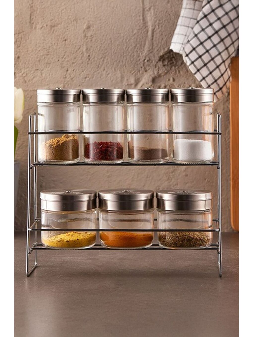 Porsima Gri 13810 Silva Metal Standlı Baharatlık 8 Parça Cam Baharat Takımı 2 Katlı - 1