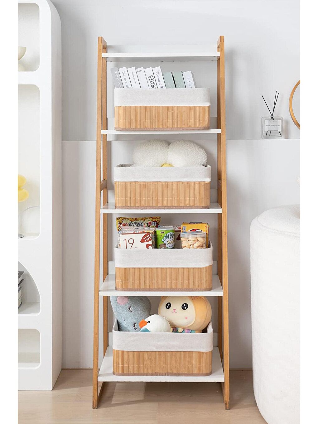 Bej Dekoratif Bambu Katlanabilir Sepet Organizer - Dolap Raf Düzenleyici Kare Saklama Kutusu 30 x 15 cm-1