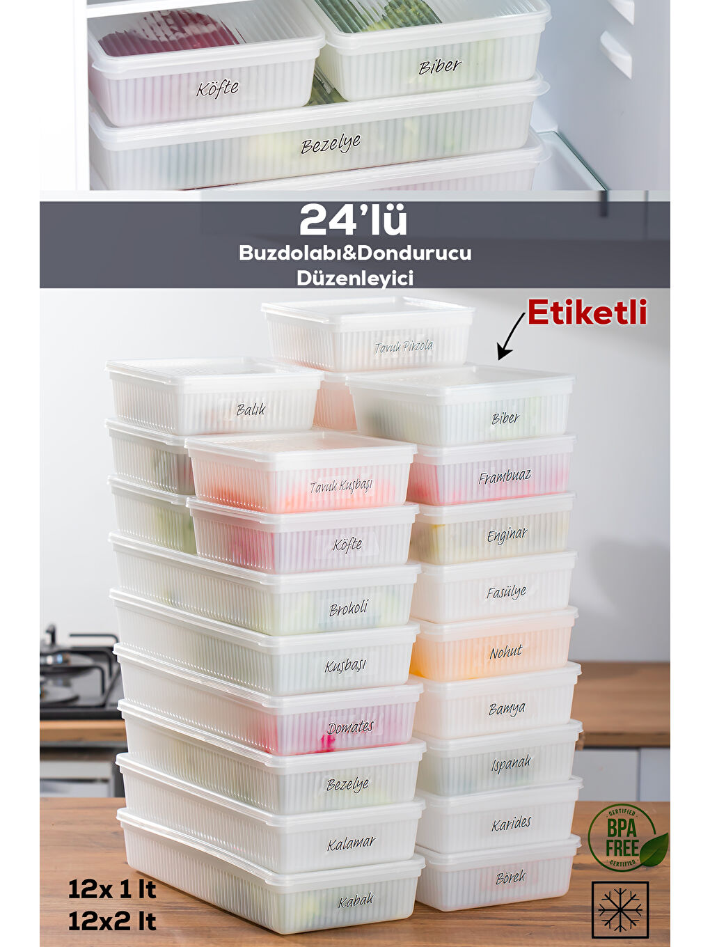 24lü Buzdolabı Düzenleyici Derin Dondurucuya -25 Uygun Etiketli Buzluk Bakliyat Saklama Kabı - Beyaz