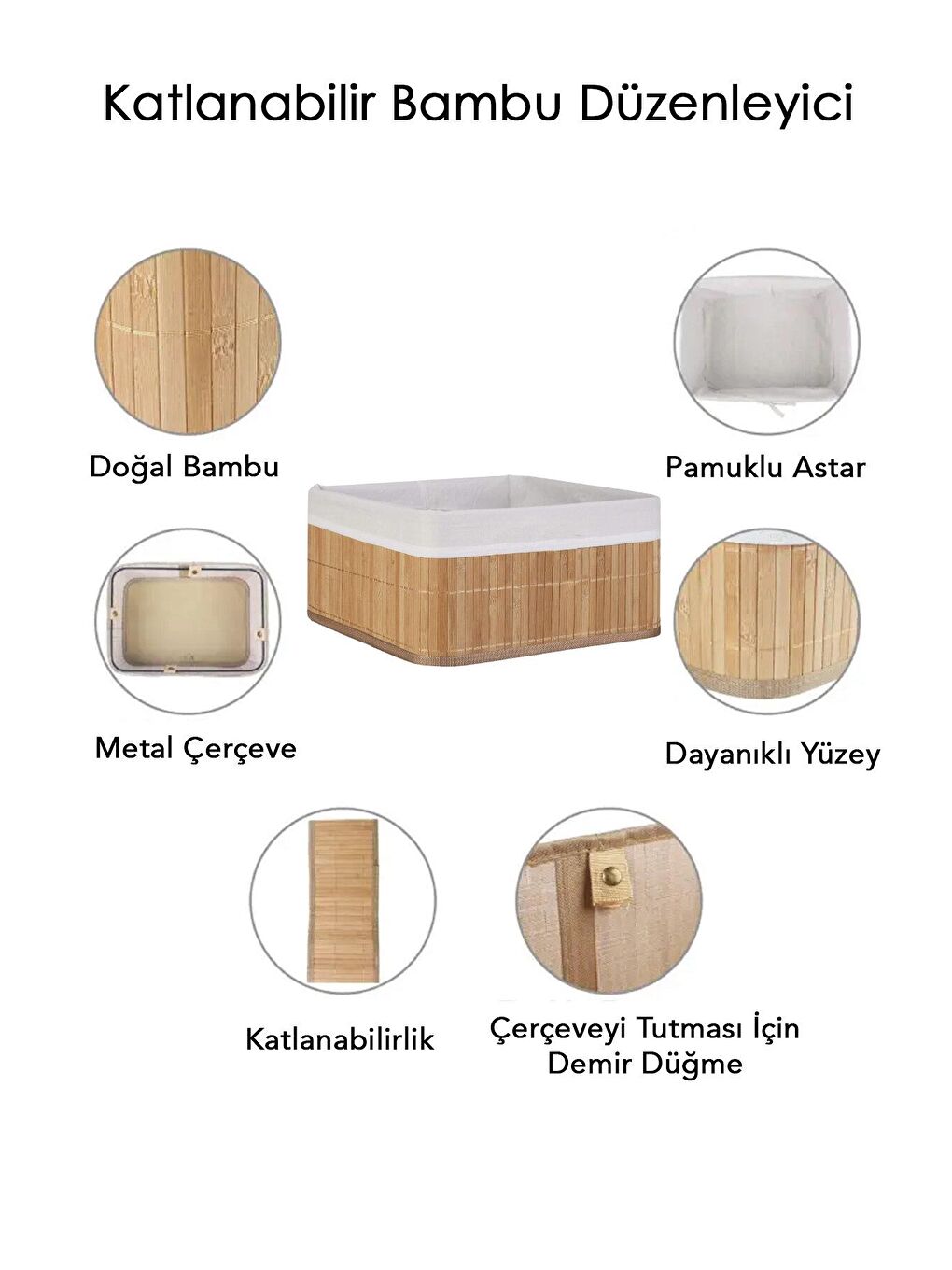 Bej Dekoratif Bambu Katlanabilir Sepet Organizer - Dolap Raf Düzenleyici Kare Saklama Kutusu 30 x 15 cm-3
