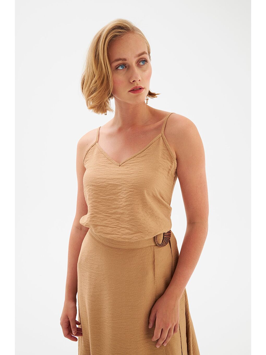 Keten Askılı Bluz - Bej-1