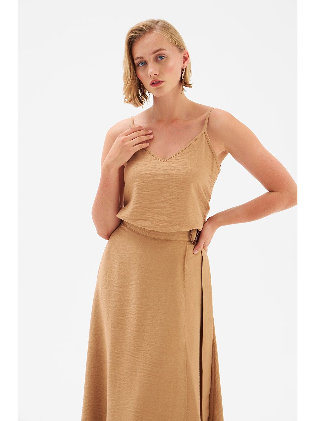 Keten Askılı Bluz - Bej-2