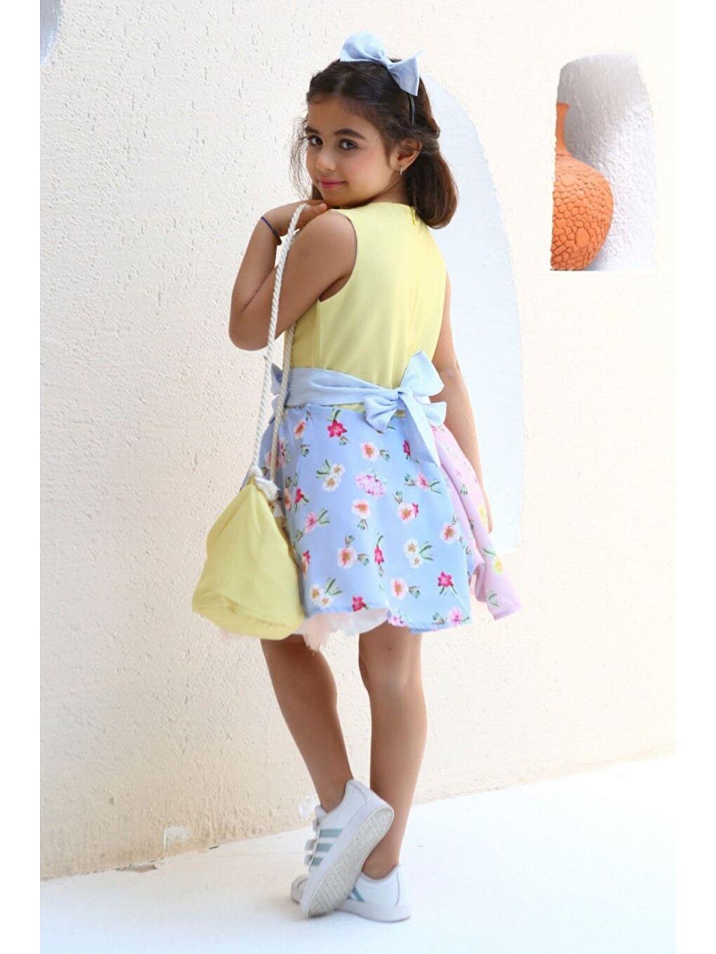 Kız Çocuk Kolsuz Çiçek Desenli Tül Detaylı 4lü Sarı Elbise 3-12 Yaş-2