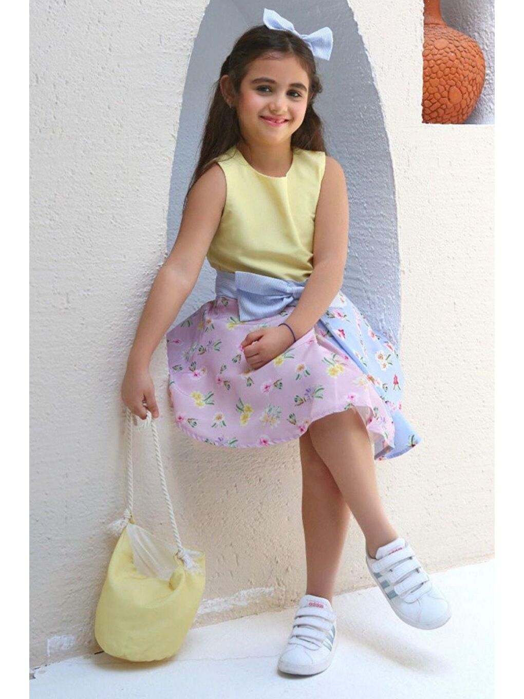 Kız Çocuk Kolsuz Çiçek Desenli Tül Detaylı 4lü Sarı Elbise 3-12 Yaş-3