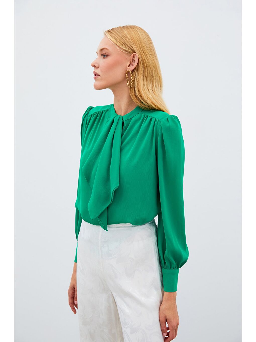 Fular Yaka Salaş Bluz - Yeşil-1