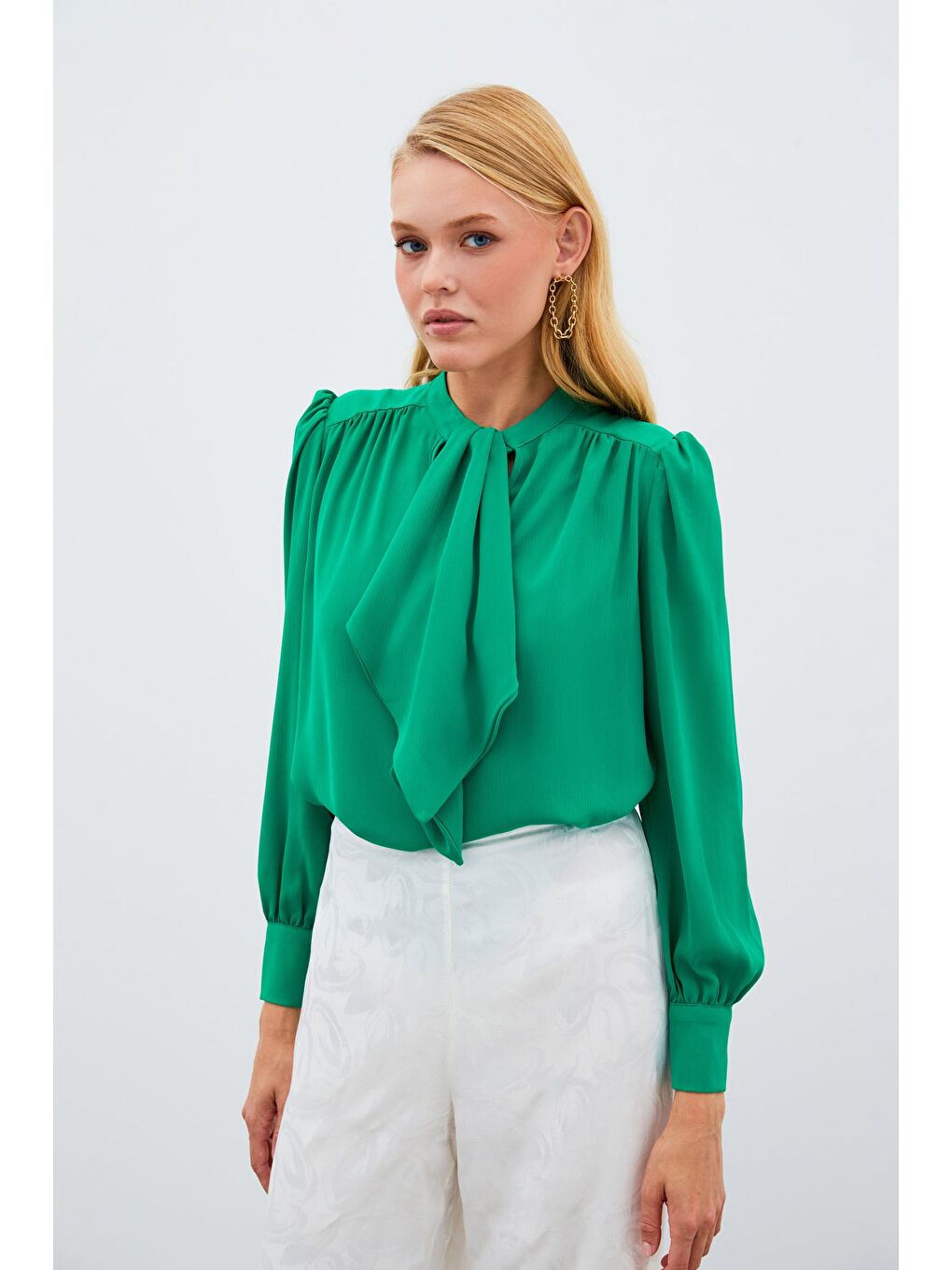 Fular Yaka Salaş Bluz - Yeşil-3