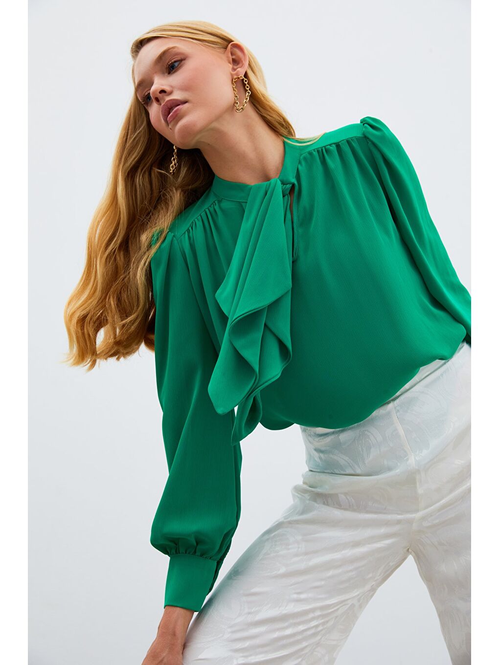 Fular Yaka Salaş Bluz - Yeşil-4