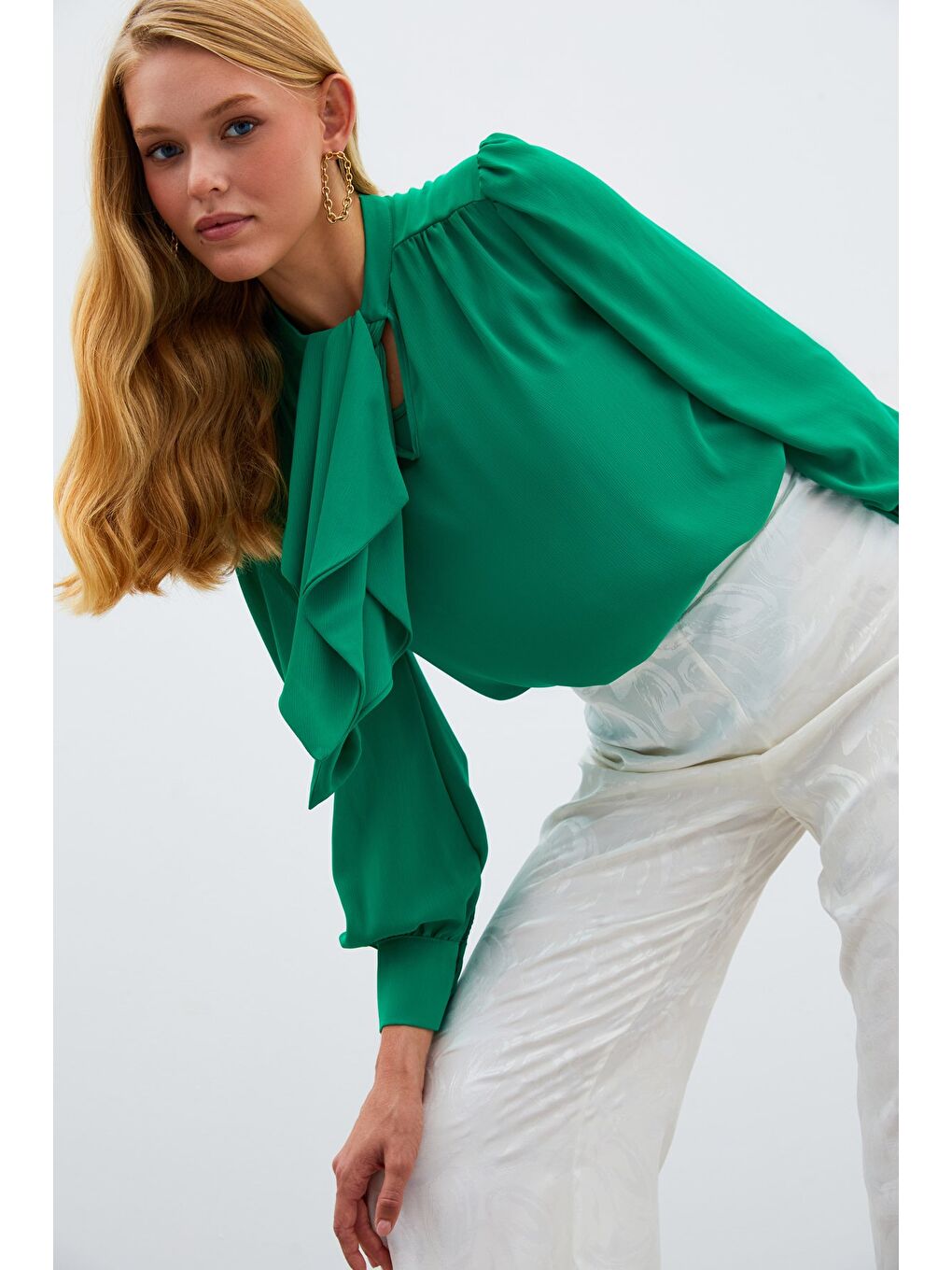 Fular Yaka Salaş Bluz - Yeşil-5