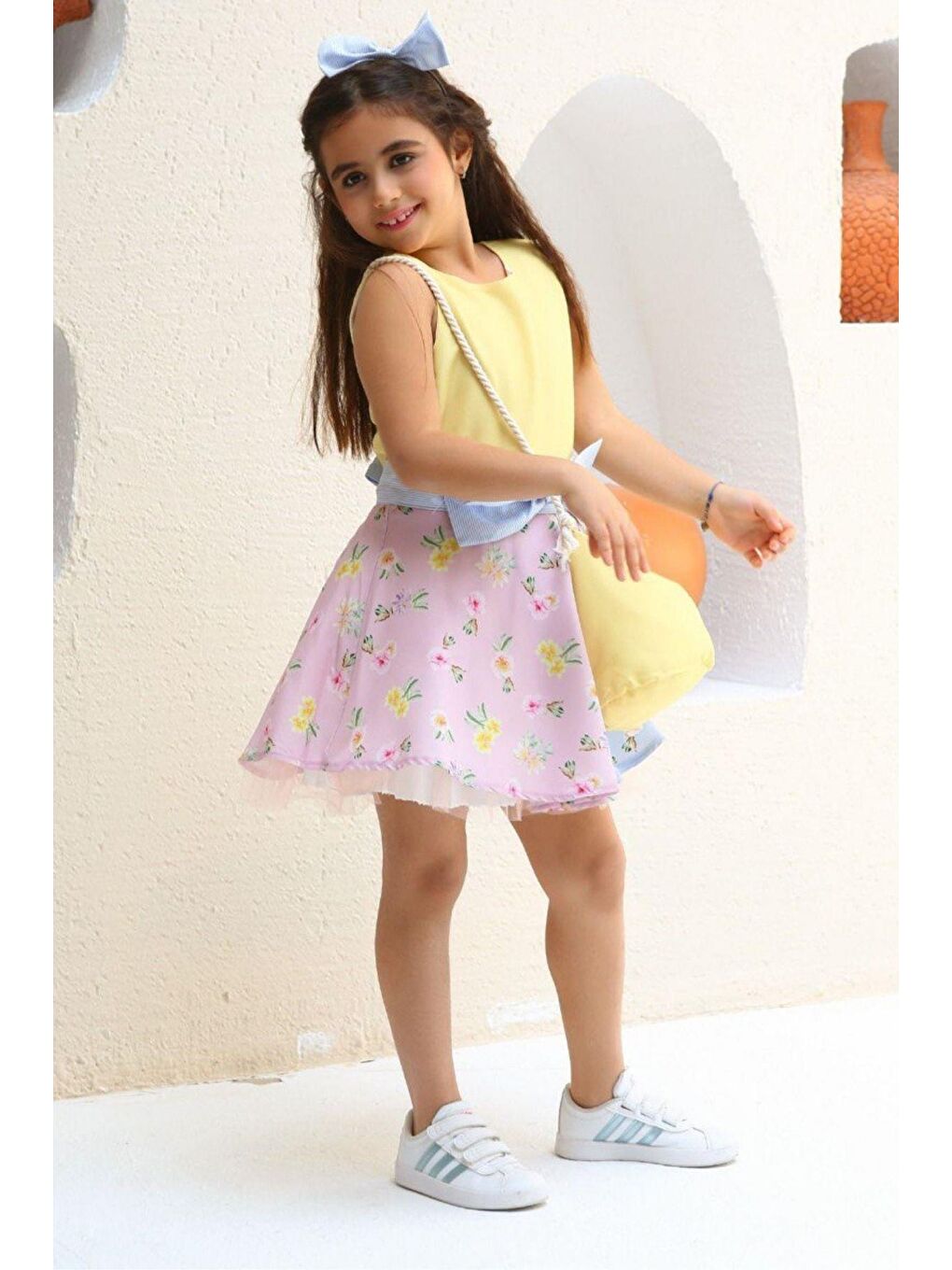 Kız Çocuk Kolsuz Çiçek Desenli Tül Detaylı 4lü Sarı Elbise 3-12 Yaş-4