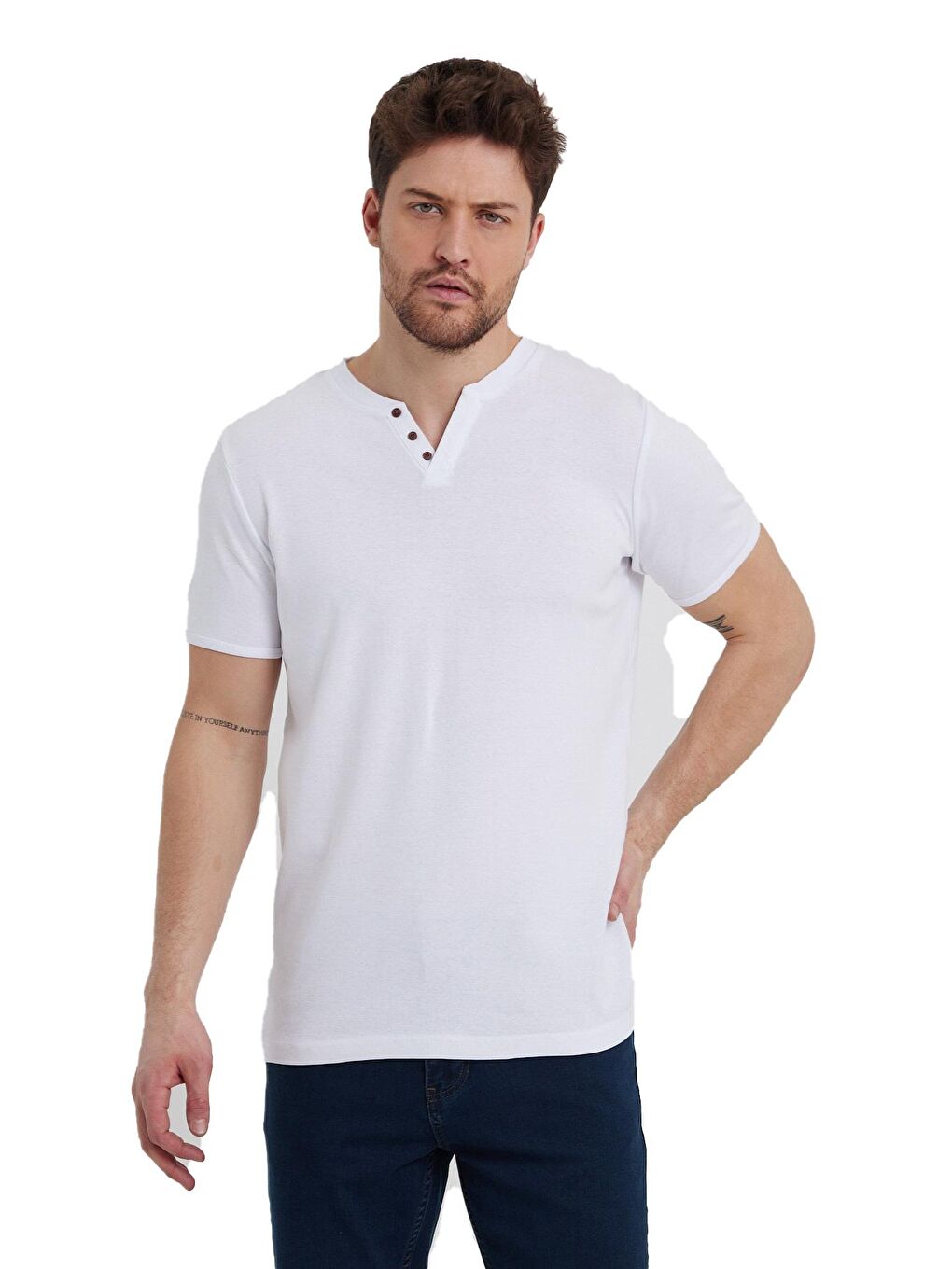 Beyaz Erkek  Patlı Yaka Basic Rıbana Tişört