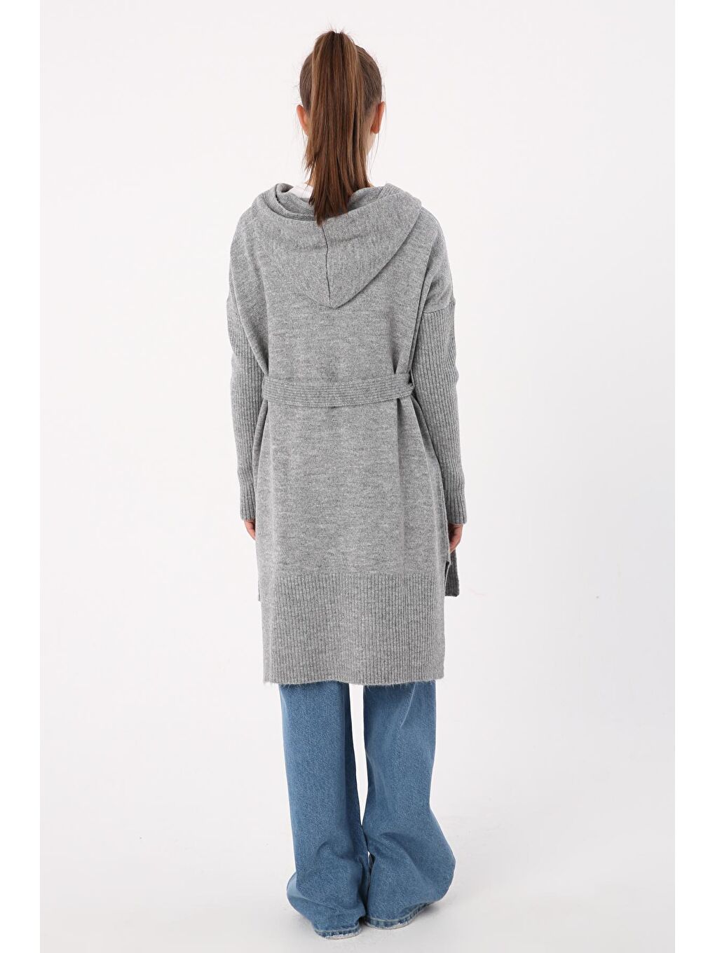 Gri Kuşaklı Kapüşonlu Triko Hırka-3