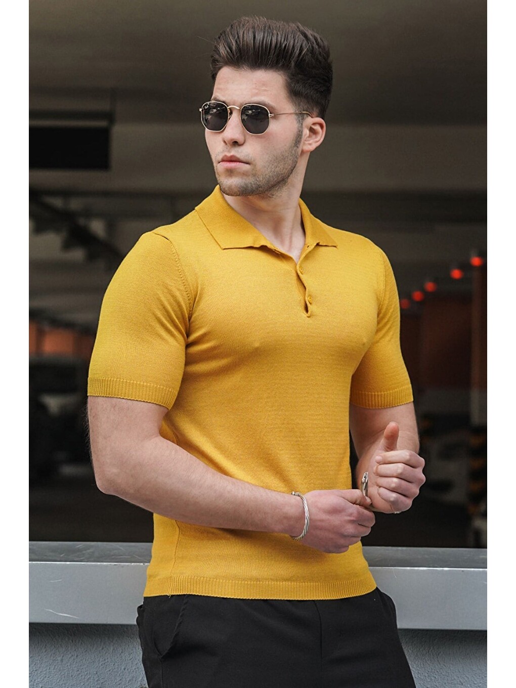 Sarı Hardal Polo Yaka Erkek Triko Tişört 5078