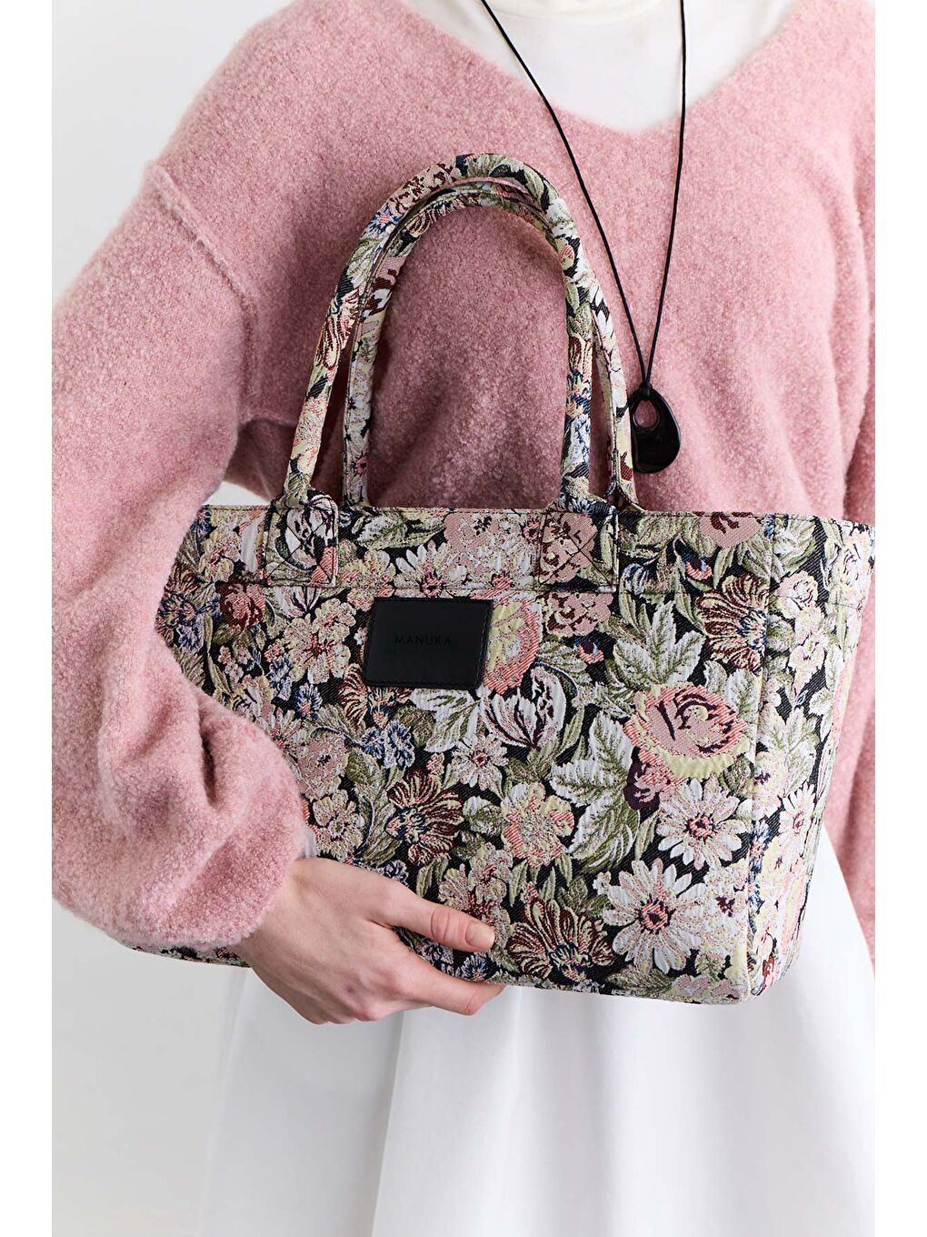 Pembe Jakar Desenli Tote Çanta Pudra-1