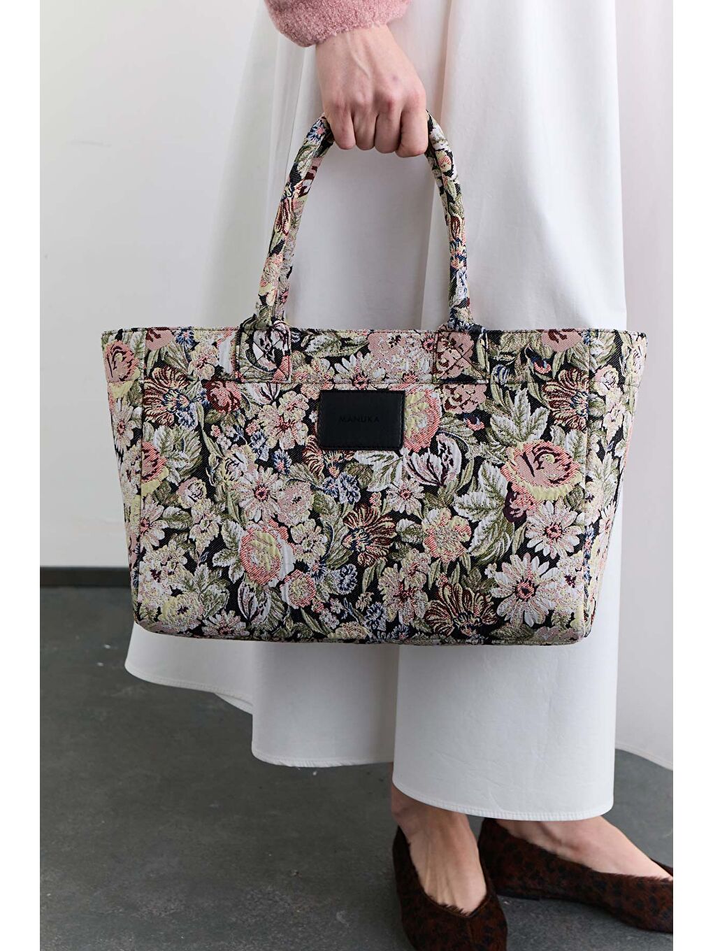 Pembe Jakar Desenli Tote Çanta Pudra-2