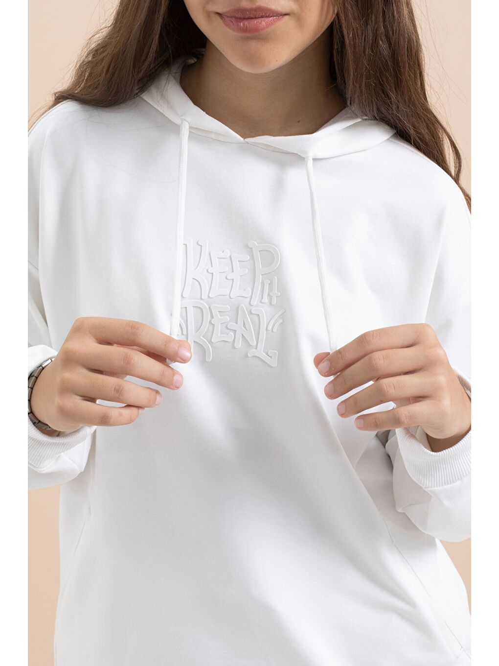 Beyaz Yazı Baskılı Kapüşonlu Geniş Paça Kız Çocuk Eşofman Takımı 21433-1